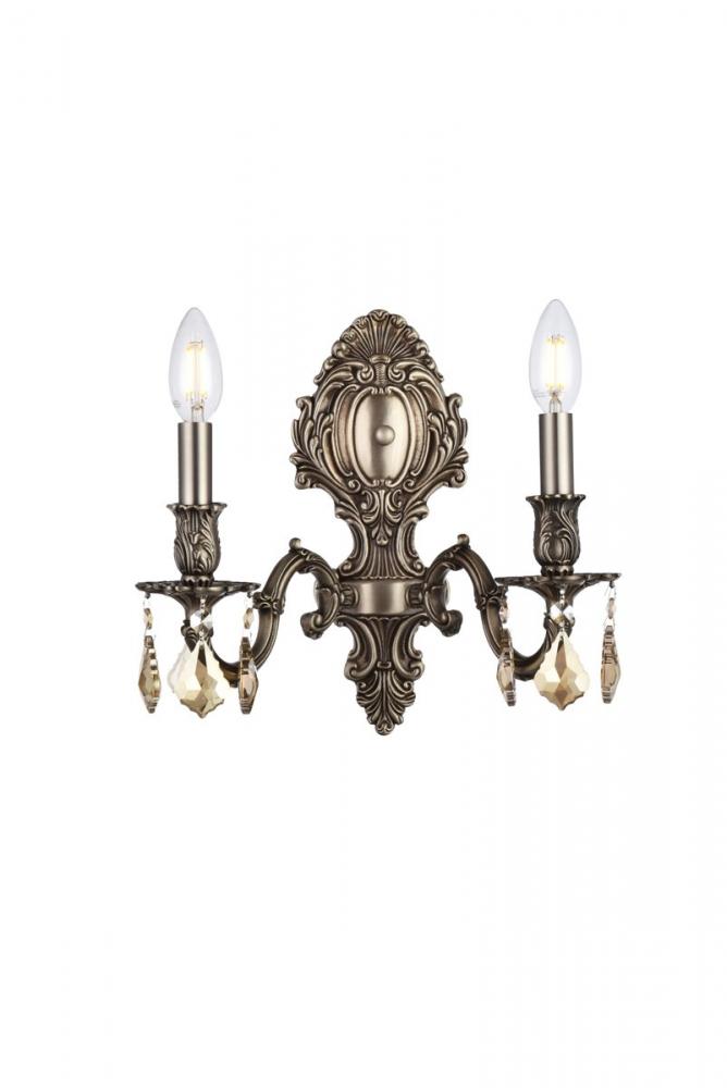 Monarch 2 Light Pewter Wall Sconce Golden Teak (Smoky) Royal Cut Crystal